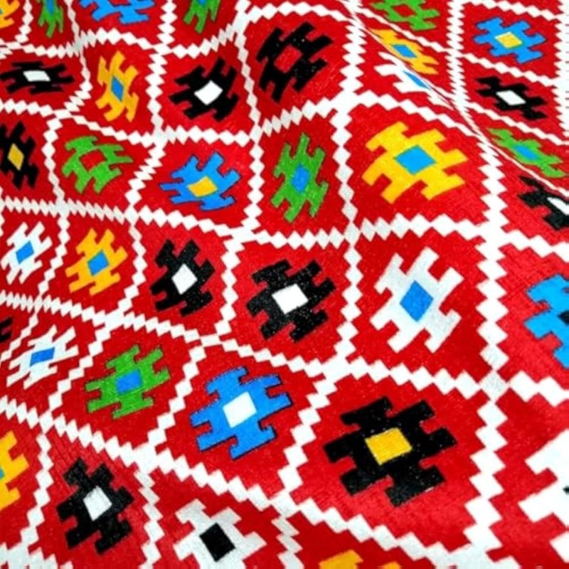 مفرش طاولة Boite Rouge - قماش الشنيل بنقشة مربعات بوهيمية - 1.28 × 1.28 متر (أحمر حلوى)