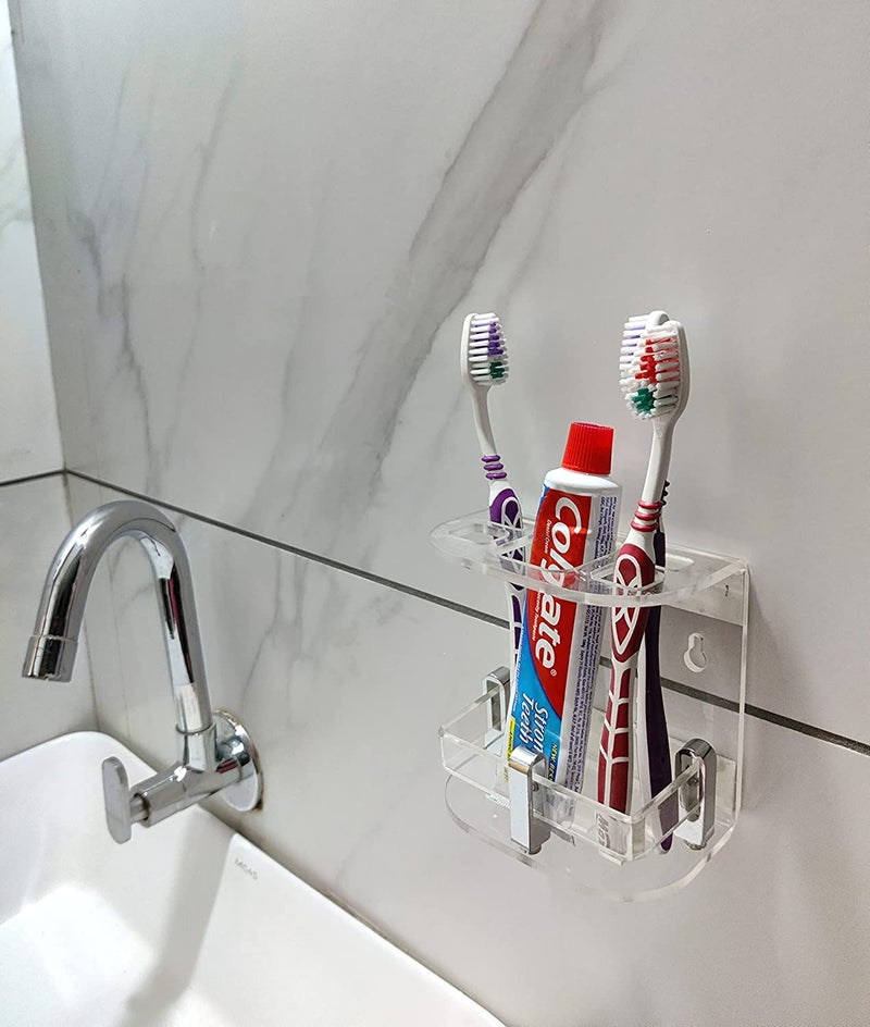 Bonsenkitchen Acrylic Classic Toothbrush Stand with Bottle Holder/Tumbler Holder/Toothpaste for Bathroom Stand Organizer Rack for Home(Transparent Small AC) - Image 1