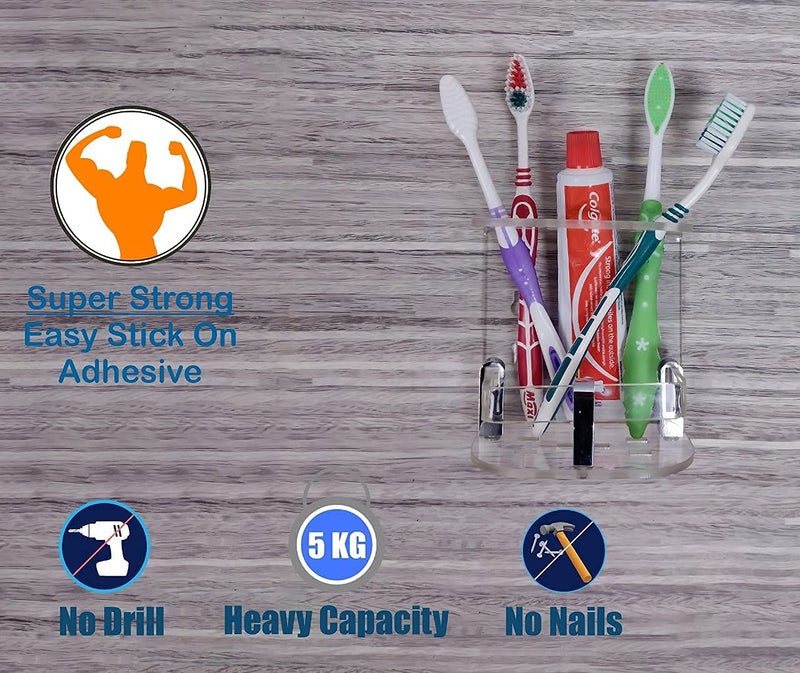 Bonsenkitchen Acrylic Classic Toothbrush Stand with Bottle Holder/Tumbler Holder/Toothpaste for Bathroom Stand Organizer Rack for Home(Transparent Small AC) - Image 5