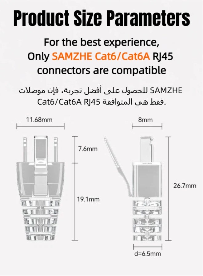 SAMZHE PT-07 عبوة 50 قطعة أغطية واقية لموصلات RJ45، أغطية بلاستيك شفافة مضادة للشد لكريستالات الشبكة Cat6 و Cat6A غير المغلقة - Image 3