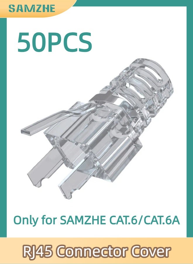 SAMZHE PT-07 عبوة 50 قطعة أغطية واقية لموصلات RJ45، أغطية بلاستيك شفافة مضادة للشد لكريستالات الشبكة Cat6 و Cat6A غير المغلقة - Image 1