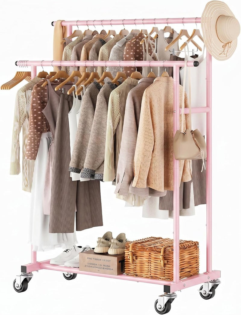 Calmootey Double Rail Clothes Rack, Rolling Clothes Rack, Portable Clothes Organizer for Bedroom, Living Room, Clothing Store, Pink - Image 1