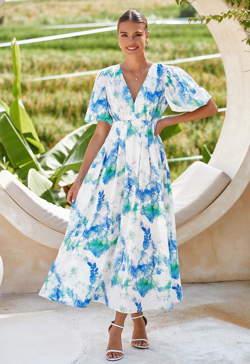 Maxigerui Women's Summer Floral Maxi Dress Spring Wedding Guest Dress 2026 Blue Green Floral S - Image 3