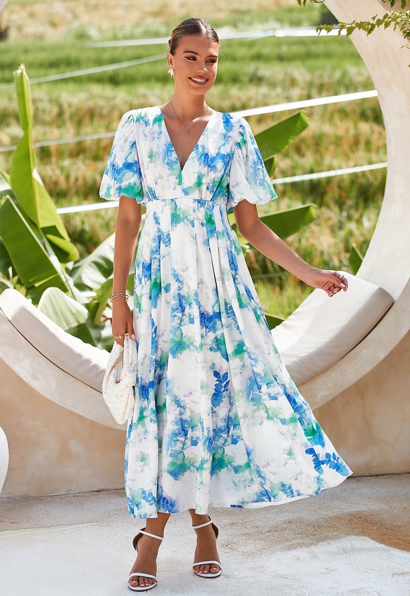 Maxigerui Women's Summer Floral Maxi Dress Spring Wedding Guest Dress 2026 Blue Green Floral S - Image 4