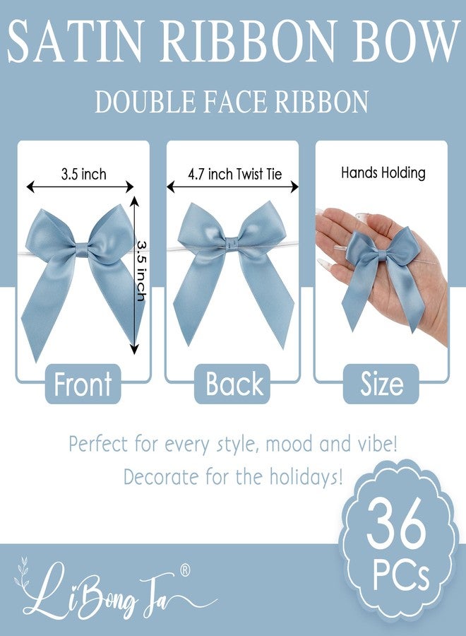 LiBongTa 3.5" Dusty Blue Bow Satin Pre-Tied Bows for Gift Wrapping, Small Bows for Crafts, Premade Bows, Candy Apple Bows, Twist Tie Bows for Cake Decorating, Party Favor, Wedding Decoration-36 Counts - Image 2