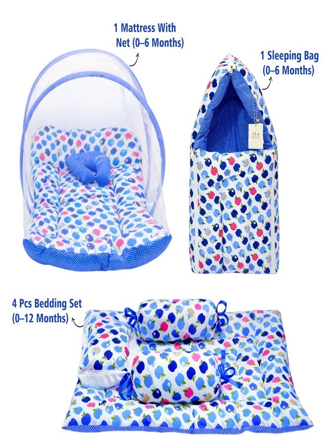 Fareto Combo of Baby Bed with Net | Carry Bag | 4 Pcs Bedding Set (0-6 Months, Baby Size, Cotton) (Blue Apple) - Image 5