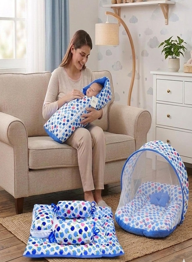 Fareto Combo of Baby Bed with Net | Carry Bag | 4 Pcs Bedding Set (0-6 Months, Baby Size, Cotton) (Blue Apple) - Image 1