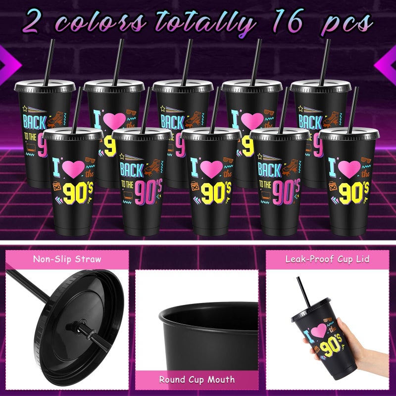 Uiifan 16 Pcs Back to the 90's Party 1990's Birthday Reusable Cups with Lids and Straws 24 oz Plastic Rock and Roll Tumblers Bulk Funny 90s Party Supplies - Image 3