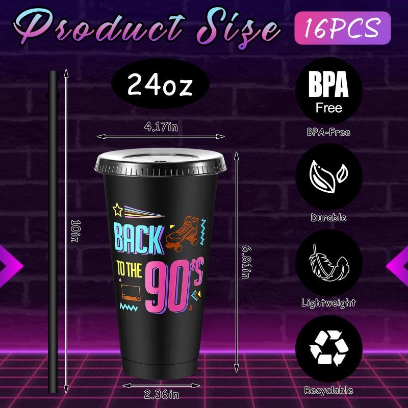 Uiifan 16 Pcs Back to the 90's Party 1990's Birthday Reusable Cups with Lids and Straws 24 oz Plastic Rock and Roll Tumblers Bulk Funny 90s Party Supplies - Image 2