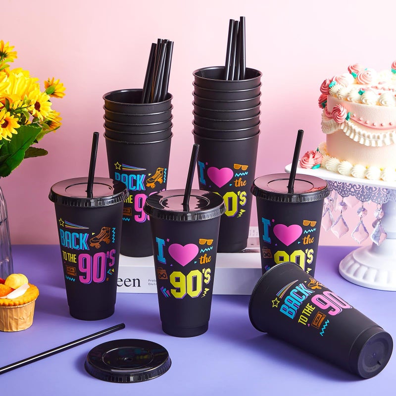 Uiifan 16 Pcs Back to the 90's Party 1990's Birthday Reusable Cups with Lids and Straws 24 oz Plastic Rock and Roll Tumblers Bulk Funny 90s Party Supplies - Image 4