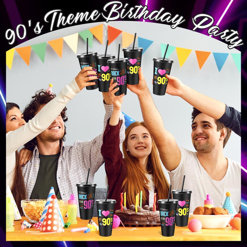 Uiifan 16 Pcs Back to the 90's Party 1990's Birthday Reusable Cups with Lids and Straws 24 oz Plastic Rock and Roll Tumblers Bulk Funny 90s Party Supplies - Image 5