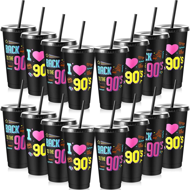 Uiifan 16 Pcs Back to the 90's Party 1990's Birthday Reusable Cups with Lids and Straws 24 oz Plastic Rock and Roll Tumblers Bulk Funny 90s Party Supplies - Image 1