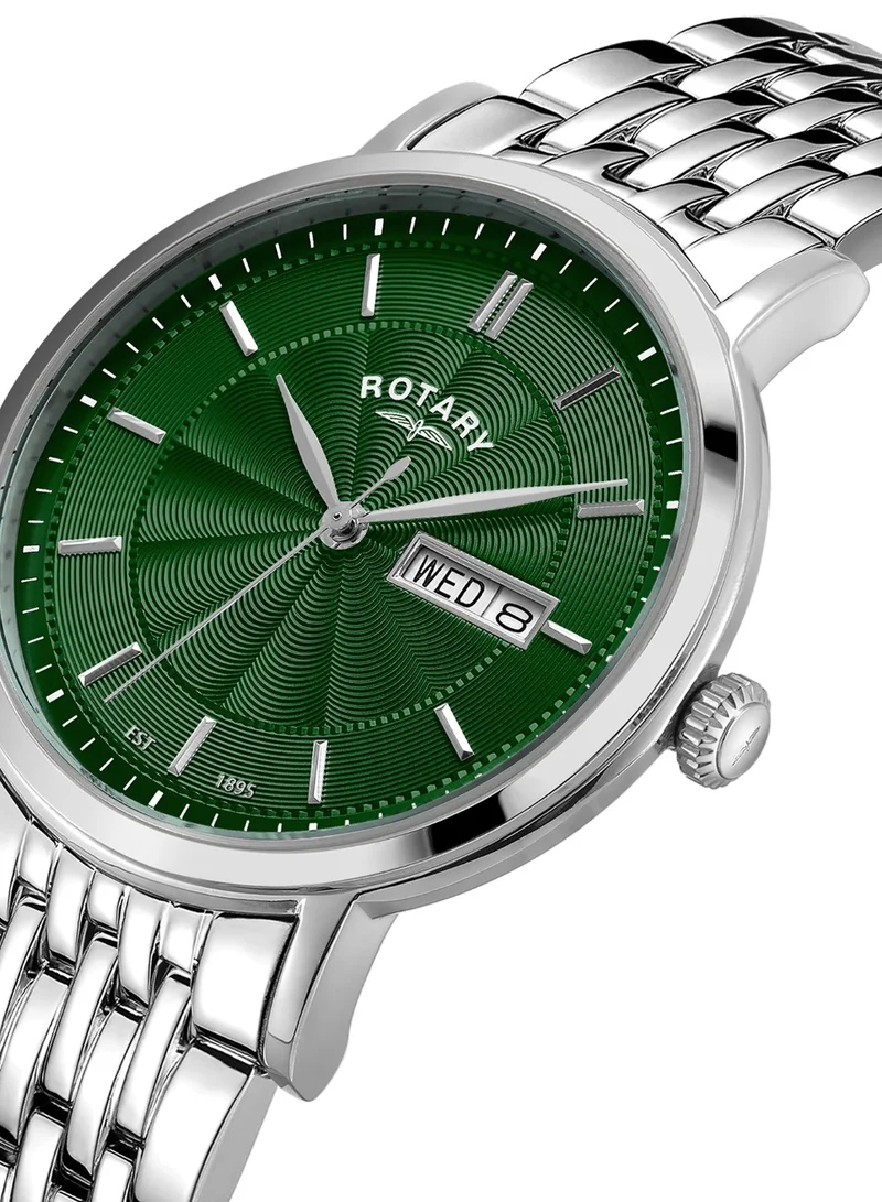Rotary Men's Heritage Analogue Watch, 37 mm, Green Dial, Stainless Steel Bracelet