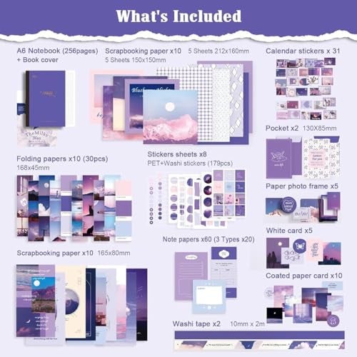 WEMOL Purple Aesthetic Vintage Scrapbook Pack Kit, DIY Art Journaling Stickers, Kid's Craft Kits Notebook, Collage Album Aesthetic Stickers (Moonlight) 350 PCS - Image 3