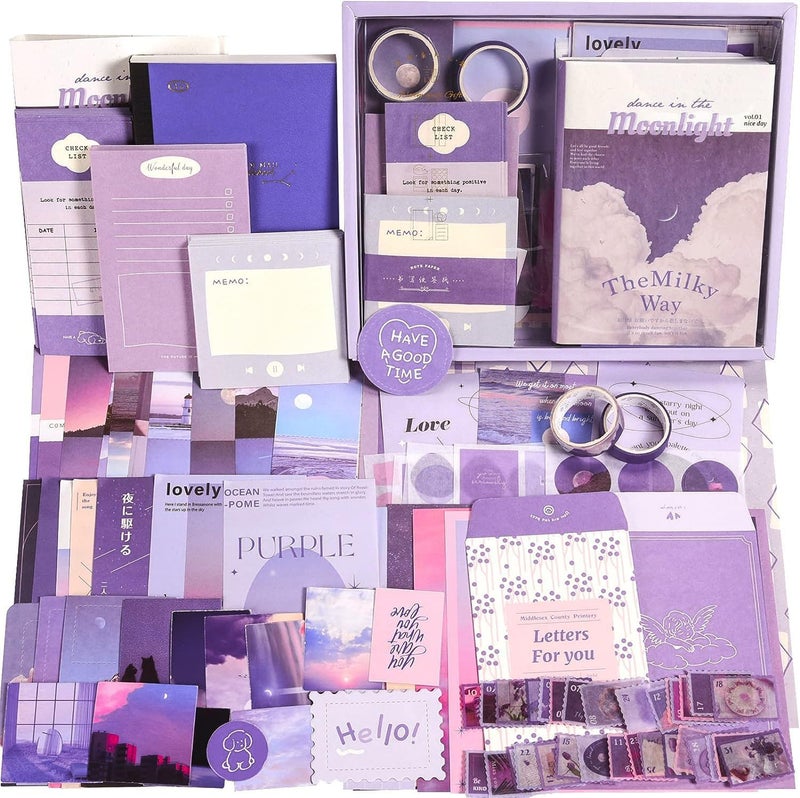 WEMOL Purple Aesthetic Vintage Scrapbook Pack Kit, DIY Art Journaling Stickers, Kid's Craft Kits Notebook, Collage Album Aesthetic Stickers (Moonlight) 350 PCS - Image 1