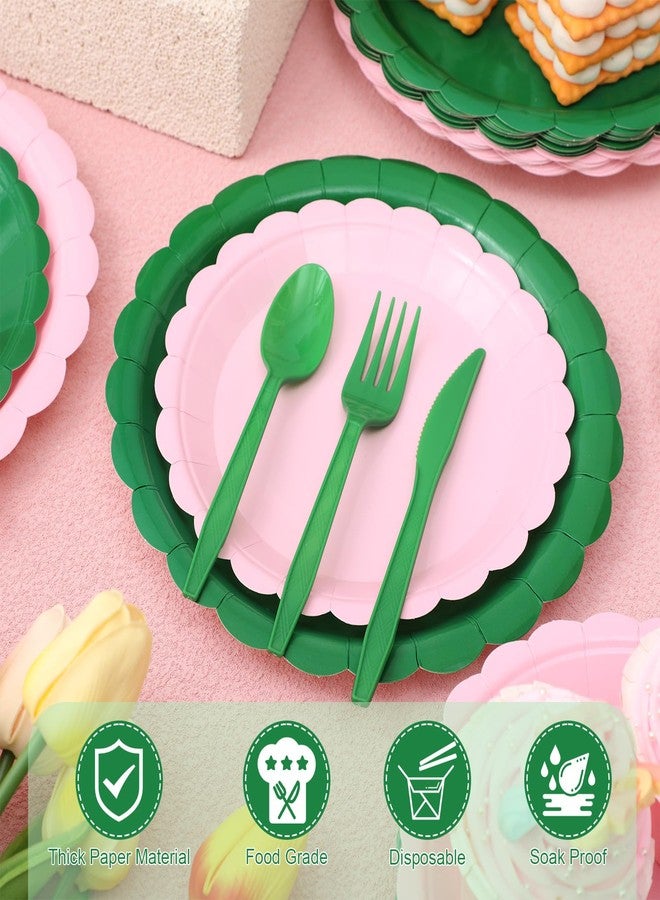 Zhehao 168 Pcs Green and Pink Party Decoration Pink and Green Paper Plates Cup Napkin Knives Fork Spoon for Witch Easter Princess Themed Birthday Party Disposable Supplies, Serve 24 Guest - Image 4