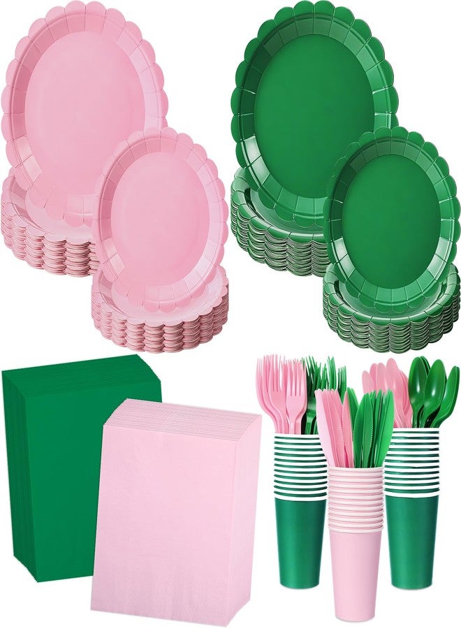 Zhehao 168 Pcs Green and Pink Party Decoration Pink and Green Paper Plates Cup Napkin Knives Fork Spoon for Witch Easter Princess Themed Birthday Party Disposable Supplies, Serve 24 Guest - Image 1
