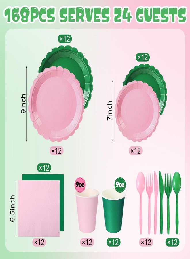Zhehao 168 Pcs Green and Pink Party Decoration Pink and Green Paper Plates Cup Napkin Knives Fork Spoon for Witch Easter Princess Themed Birthday Party Disposable Supplies, Serve 24 Guest - Image 2