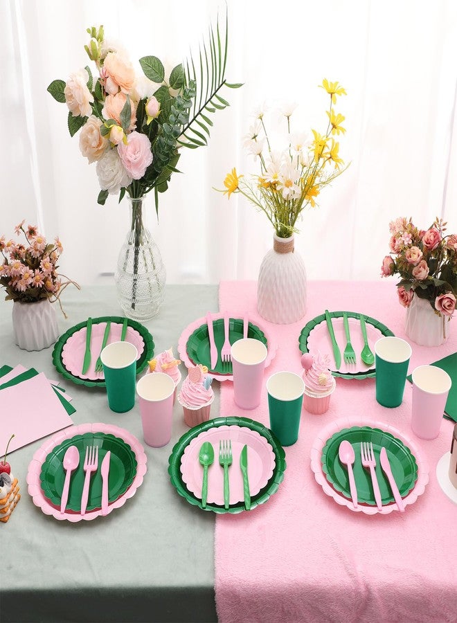 Zhehao 168 Pcs Green and Pink Party Decoration Pink and Green Paper Plates Cup Napkin Knives Fork Spoon for Witch Easter Princess Themed Birthday Party Disposable Supplies, Serve 24 Guest - Image 3