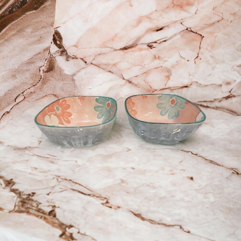 Lemon Tree Bowl 2 Pc Ceramic Small Square Shape Bowl Set for Dips Nuts and Dessert Serving Bowls for Kitchen Microwave Dishwasher Safe Pink - Image 2