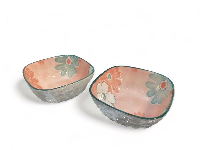 Lemon Tree Bowl 2 Pc Ceramic Small Square Shape Bowl Set for Dips Nuts and Dessert Serving Bowls for Kitchen Microwave Dishwasher Safe Pink - Image 5