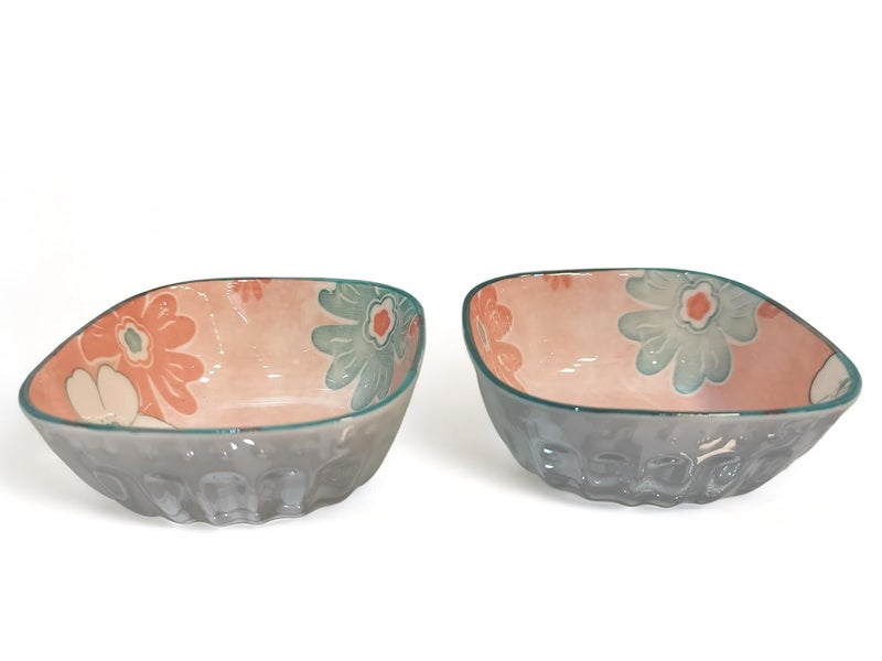 Lemon Tree Bowl 2 Pc Ceramic Small Square Shape Bowl Set for Dips Nuts and Dessert Serving Bowls for Kitchen Microwave Dishwasher Safe Pink - Image 1