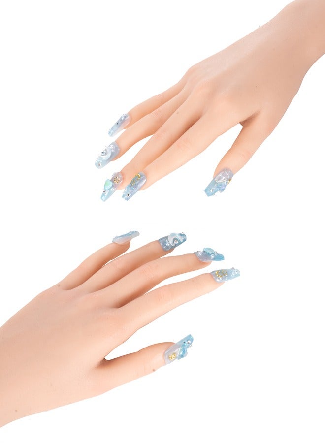 Nail Kit,False Nails Set,Sethexy Blue Rhinestone Handmade Fake Nail 3D Crystal Long Coffin False Nails,Myth of Stars and Moon Press on Nail Salon Durable Nails  for Women and Girls (Blue) - Image 3