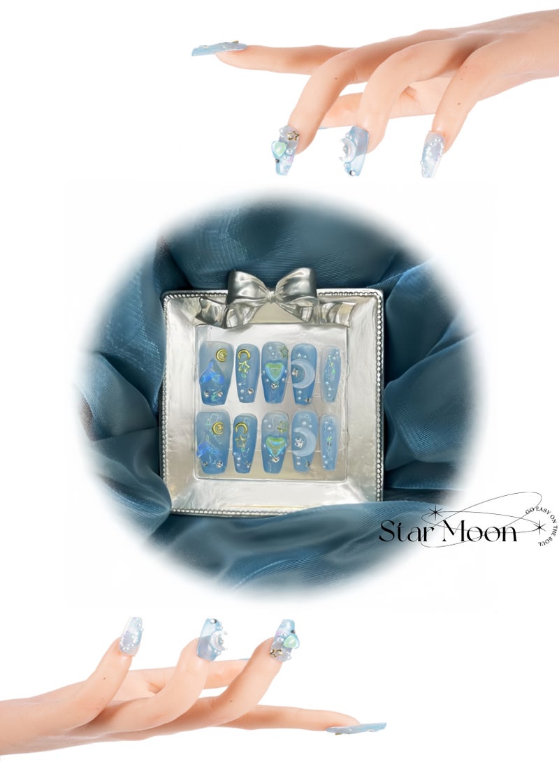 Nail Kit,False Nails Set,Sethexy Blue Rhinestone Handmade Fake Nail 3D Crystal Long Coffin False Nails,Myth of Stars and Moon Press on Nail Salon Durable Nails  for Women and Girls (Blue) - Image 1