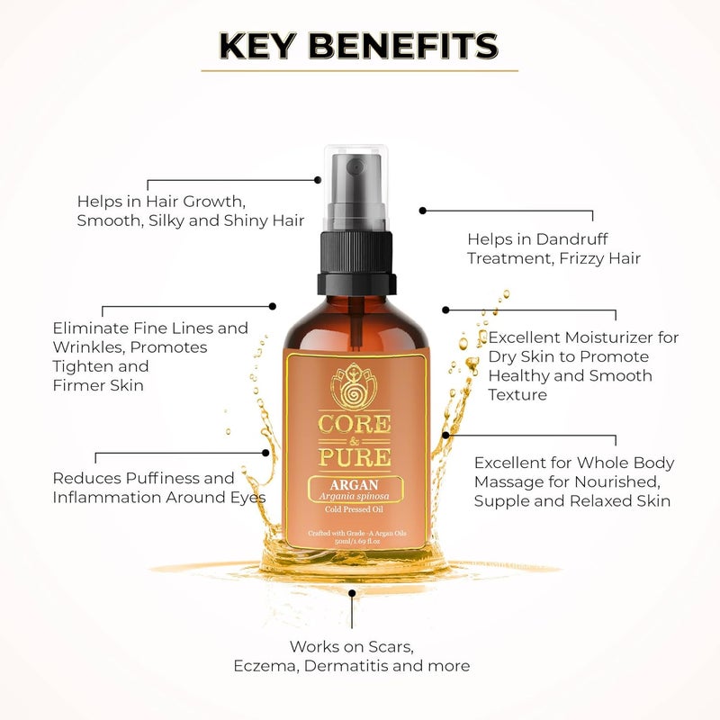 CORE & PURE CORE PURE GradeA Argan Oil Helps in Smooth Silky Shiny Hair Removes Fine Lines Puffiness and Nourishes Face and Skin Cold Pressed Oil Natural 50 ml - Image 3