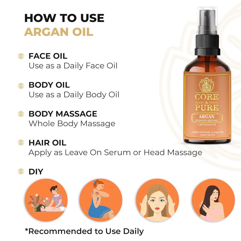 CORE & PURE CORE PURE GradeA Argan Oil Helps in Smooth Silky Shiny Hair Removes Fine Lines Puffiness and Nourishes Face and Skin Cold Pressed Oil Natural 50 ml - Image 4