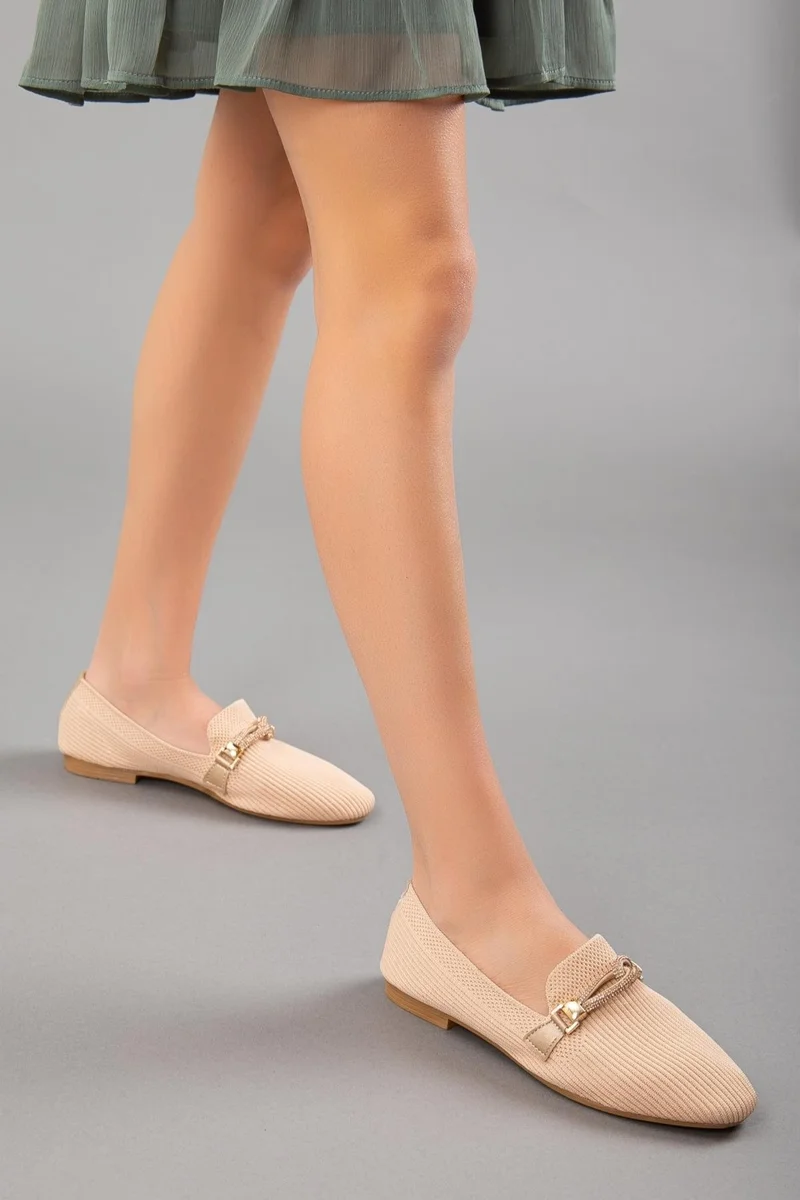 Dilimler Ayakkabı Knitted Stoned Round Toe Nude Women's Ballerinas