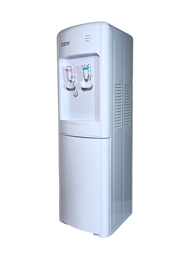 Top-loading water dispenser from Super Classic in white color, featuring an elegant design and high quality.it has a storage cabinet and high level of scurity-SPXWD-30