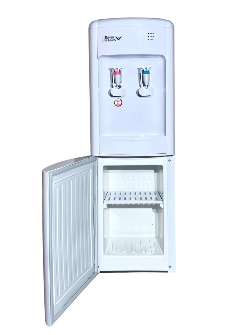 Top-loading water dispenser from Super Classic in white color, featuring an elegant design and high quality.it has a storage cabinet and high level of scurity-SPXWD-30