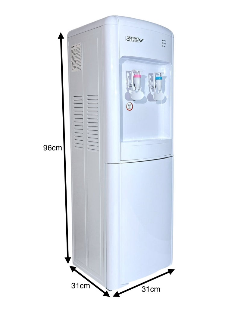 Top-loading water dispenser from Super Classic in white color, featuring an elegant design and high quality.it has a storage cabinet and high level of scurity-SPXWD-30