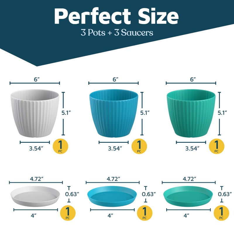 LifeMaster Multicolor 6-Inch Plant Pots with Drainage & Saucers 3 Pack, Indoor & Outdoor Planters for Houseplants, Herbs, and Flowers, Durable & Weatherproof Material, Stackable, Lightweight, Minimalist Design - Image 2