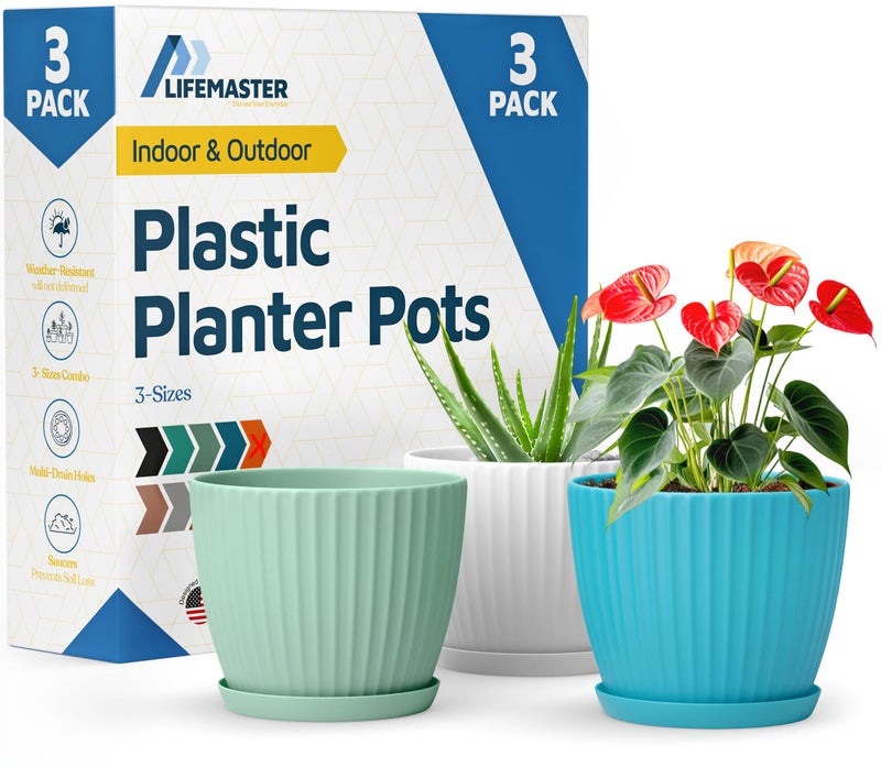 LifeMaster Multicolor 6-Inch Plant Pots with Drainage & Saucers 3 Pack, Indoor & Outdoor Planters for Houseplants, Herbs, and Flowers, Durable & Weatherproof Material, Stackable, Lightweight, Minimalist Design - Image 1