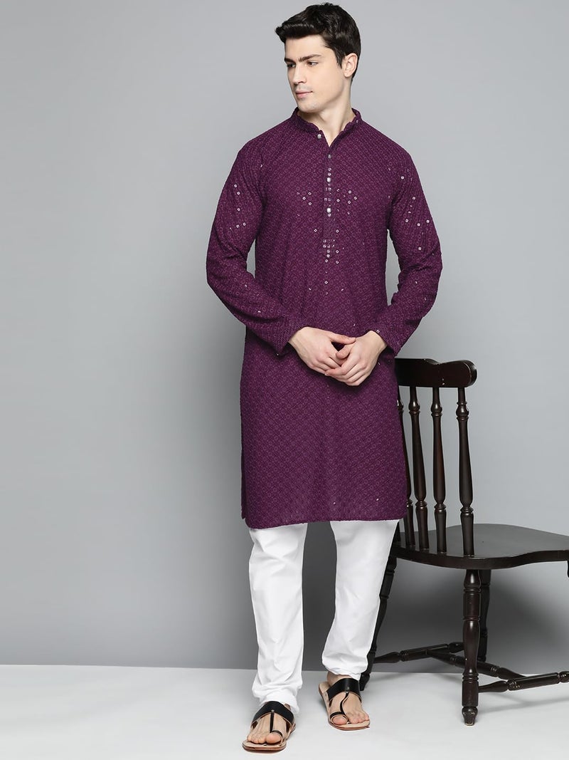Jompers Mens Purple Chikankari Embroidered and Sequence Kurtas (Purple, L) - Image 4