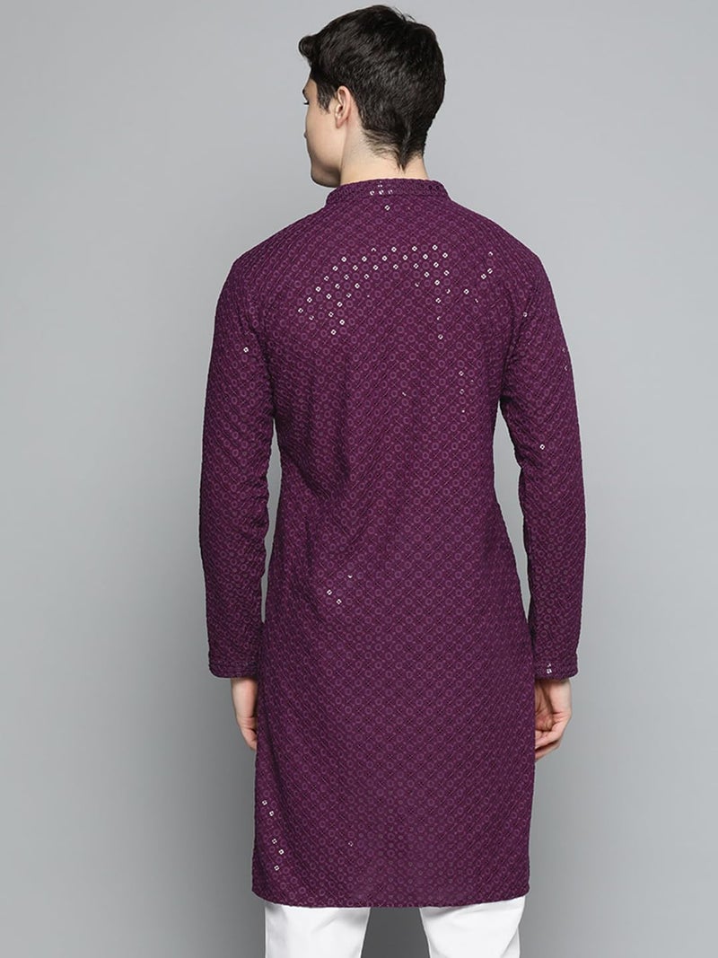 Jompers Mens Purple Chikankari Embroidered and Sequence Kurtas (Purple, L) - Image 2