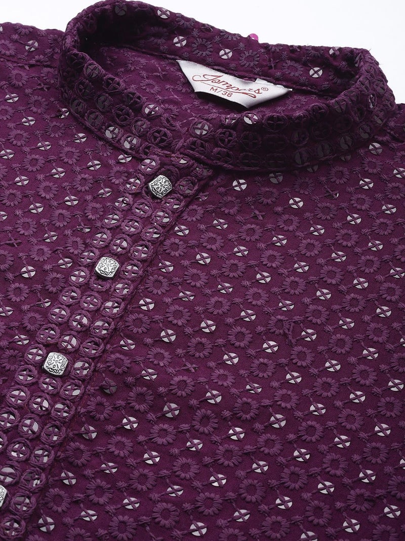 Jompers Mens Purple Chikankari Embroidered and Sequence Kurtas (Purple, L) - Image 5