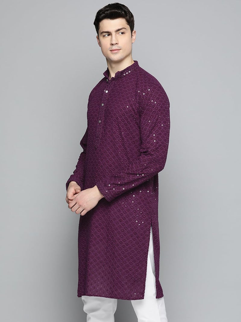 Jompers Mens Purple Chikankari Embroidered and Sequence Kurtas (Purple, L) - Image 3