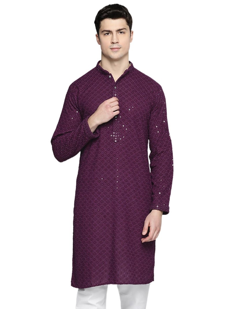 Jompers Mens Purple Chikankari Embroidered and Sequence Kurtas (Purple, L) - Image 1