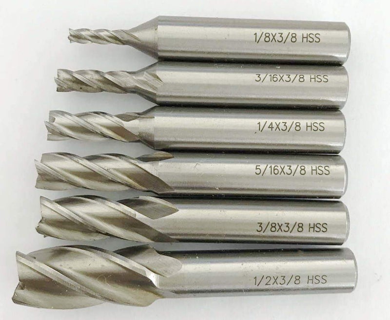 LLDSIMEX Single End 4 Flute Center Cutting End Mill 6PCS Set 1/8",3/16",1/4",5/16",3/8",1/2" with 3/8" Shank with Plastic Stand - Image 2