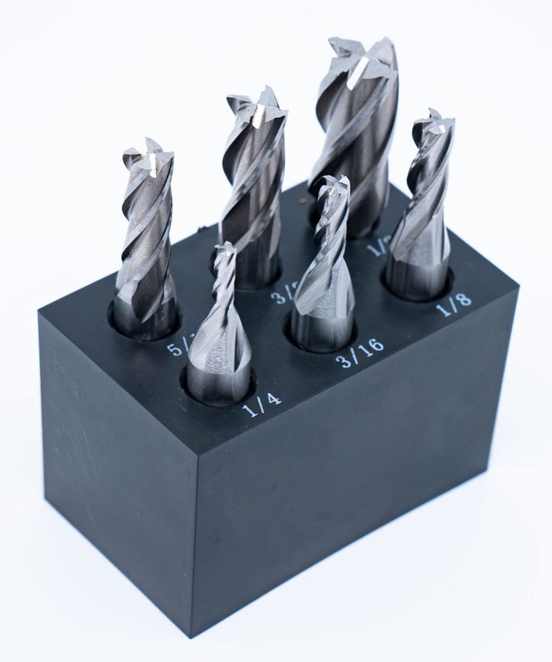 LLDSIMEX Single End 4 Flute Center Cutting End Mill 6PCS Set 1/8",3/16",1/4",5/16",3/8",1/2" with 3/8" Shank with Plastic Stand - Image 1