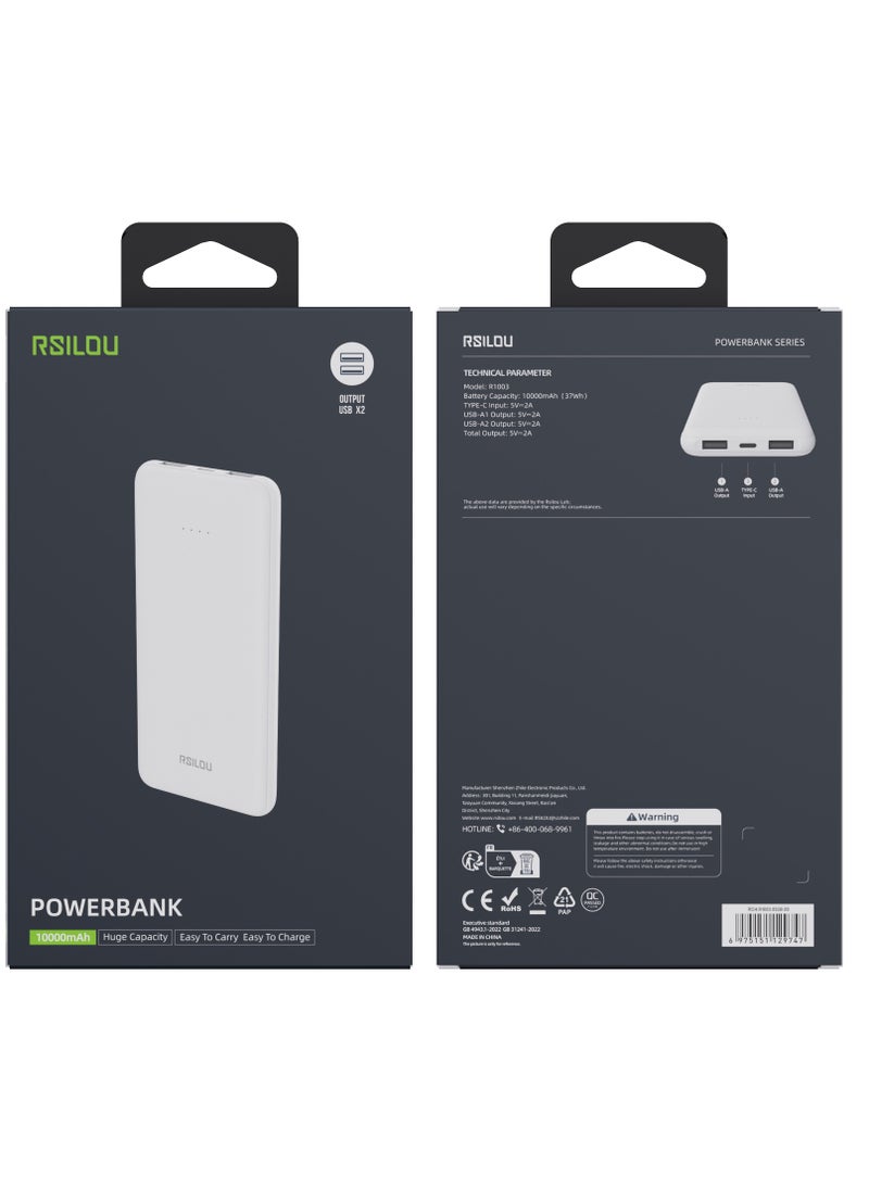 rsilou - DN11 10000mAh Capacity Power Bank, 37W total max Dual-Port Fast Charging, Smart Identification, Compact and Portable, Advanced Safety, 2 USB-A ports out and 1 USC-C in, Advanced Safety Features - Image 1