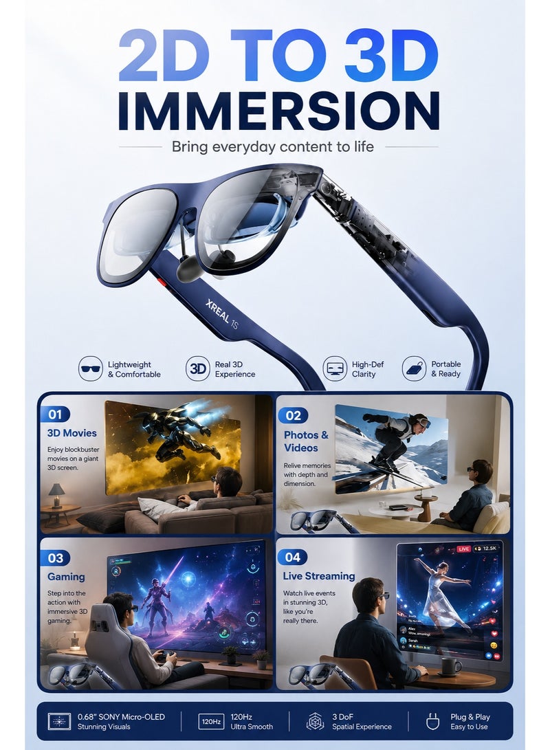 XREAL 1S AR Glasses With 500-Inch Virtual Screen, Real 3D Immersive Display, Bose Audio, 3.0 Spatial Sound Field, Eye Comfort, USB-C Plug & Play, Compatible With Phone Tablet Laptop Game Console - Image 4