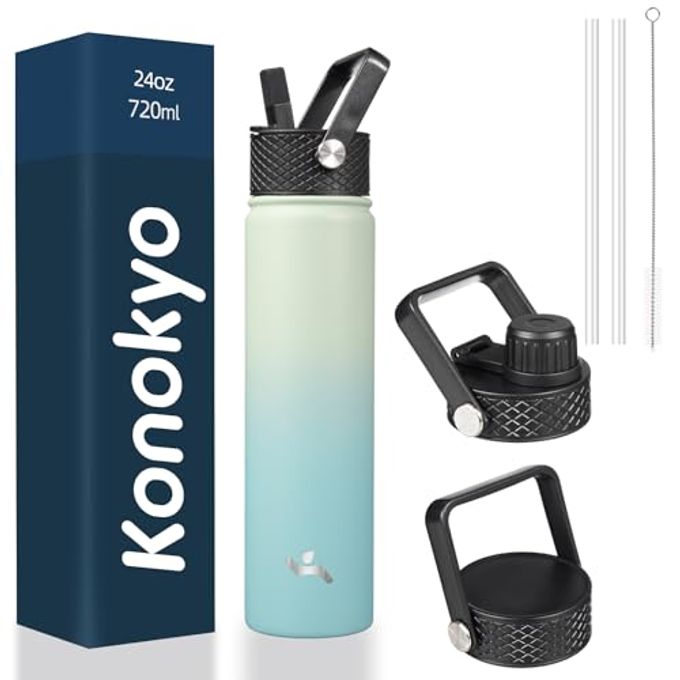 Konokyo Insulated Water Bottle 24oz Stainless Steel Sport Bottles with 3 Lids,Mint