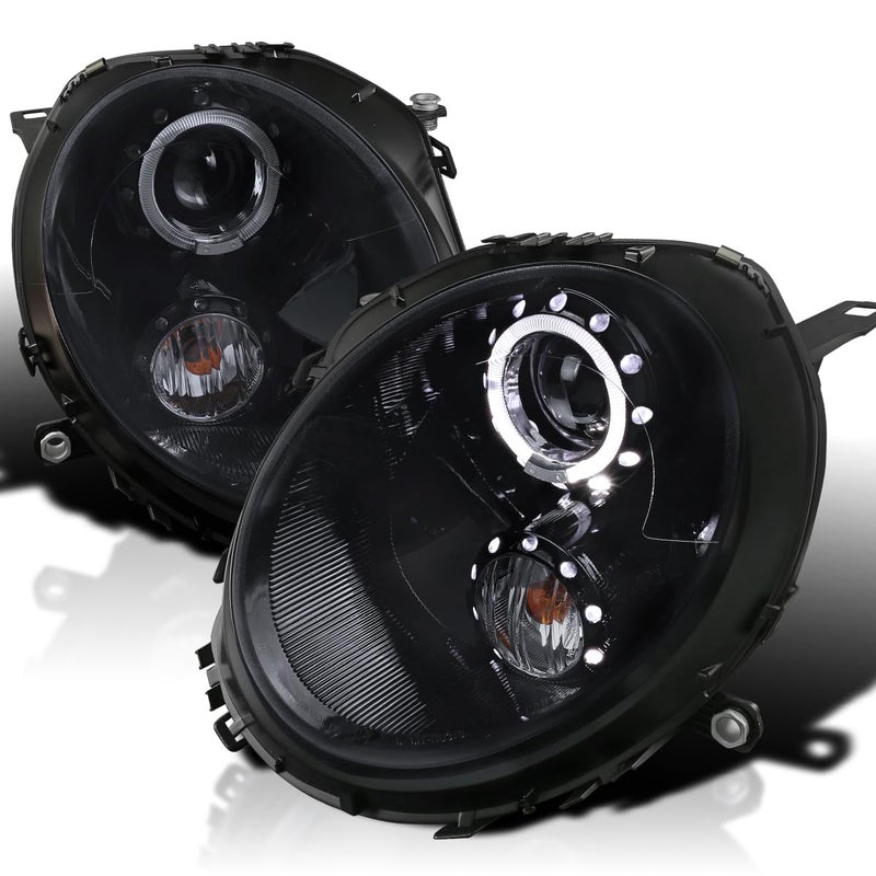 SPECD TUNING Glossy Black Smoke LED Halo Rim Projector Headlights Compatible with 20072013 R56 MINI Cooper Models Left Right Pair Headlamps Assembly