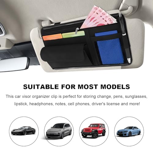 SHMZK Car Sun Visor Organizer, Leather Sun Visor Pocket Organizer Case with Multi-Pocket Net Zipper, Suede Note Holder Car Visor Storage Pouch for Card Pen Sunglasses Document (Black) - Image 5