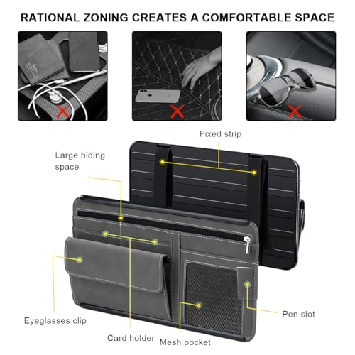 SHMZK Car Sun Visor Organizer, Leather Sun Visor Pocket Organizer Case with Multi-Pocket Net Zipper, Suede Note Holder Car Visor Storage Pouch for Card Pen Sunglasses Document (Black) - Image 4