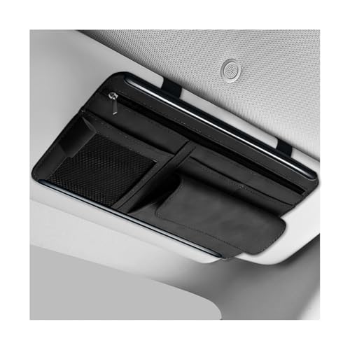 SHMZK Car Sun Visor Organizer, Leather Sun Visor Pocket Organizer Case with Multi-Pocket Net Zipper, Suede Note Holder Car Visor Storage Pouch for Card Pen Sunglasses Document (Black) - Image 1